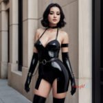 AI BDSM porn. Beautiful black-haired girl in latex.